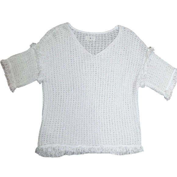 LOU & GREY Women's XS White Fringe Open Knit Popover Summer Sweater Blouse Top - Picture 2 of 12